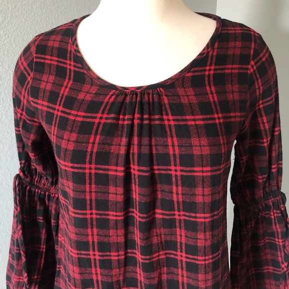 2 Hearts Plaid Flannel Bell-Sleeve Shift Dress - Picture 3 of 16